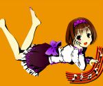  1girl barefoot blouse brown_hair cnm hairband head_rest legs_up long_sleeves looking_at_viewer lying musical_note on_stomach open_mouth orange_background orange_eyes short_hair simple_background skirt solo staff_(music) toenail_polish toenails touhou treble_clef tsukumo_yatsuhashi 
