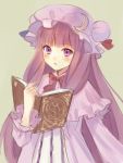  1girl blush book bow capelet colored crescent dress fukahire_sanba hat hat_bow long_hair long_sleeves looking_at_viewer mob_cap open_book open_mouth patchouli_knowledge purple_hair simple_background sketch solo touhou violet_eyes 