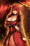  1girl breast_lift breasts choker cleavage demon_girl dress fur_trim highres horns huge_breasts kugi_ta_hori_taira long_hair maou_(maoyuu) maoyuu_maou_yuusha red_eyes redhead solo 