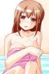  1girl bare_arms bare_shoulders blush breasts brown_hair cleavage collarbone green_eyes highres large_breasts looking_at_viewer naked_towel nishi_koutarou open_mouth original sitting solo sweat towel 