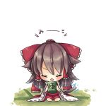  1girl animal_ears blush bow brown_hair cat&#039;s_tongue cat_ears cat_tail chibi closed_eyes cup detached_sleeves dress hair_bow hair_tubes hakurei_reimu kemonomimi_mode long_sleeves red_dress revision sitting solo stiff_tail tail tail_raised tatami teacup tongue tongue_out touhou translated trembling yuya_(night_lily) 