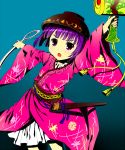  1girl :o arm_up blue_background bowl cnm gradient gradient_background japanese_clothes kimono leaning_over looking_at_viewer mallet needle obi purple_hair scabbard sheath short_hair simple_background solo sukuna_shinmyoumaru tassel touhou violet_eyes 