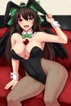  1girl animal_ears black_hair bow bunnysuit detached_collar fishnet_pantyhose fishnets hair_bow highres long_hair multiple_girls necktie pantyhose rabbit_ears red_eyes reiuji_utsuho shuugetsu_karasu sitting touhou wings wrist_cuffs 