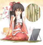  1girl :3 alternate_hairstyle bamboo black_hair blush bow brown_eyes cherry_blossoms efe floral_print flower hair_bow hair_flower hair_ornament houraisan_kaguya japanese_clothes long_hair long_skirt mirror open_mouth ponytail rabbit revision round_window shirt sitting skirt smile solo touhou twig vines window 