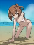  1girl beach bikini brown_eyes brown_hair kneeling log_horizon minori_(log_horizon) ocean rohitsuka short_hair side_ponytail sketch smile swimsuit 