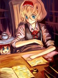  1girl alice_margatroid alternate_costume bespectacled blonde_hair blue_eyes book bow chair doll glasses hairband kozou_(soumuden) lolita_hairband long_hair long_sleeves looking_at_another open_book open_mouth paper shanghai_doll shirt short_hair sitting smile solo teapot touhou tray white_shirt 