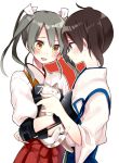  2girls armor black_hair brown_hair cat hair_ribbon japanese_clothes kaga_(kantai_collection) kantai_collection multiple_girls muneate personification ponytail ribbon side_ponytail twintails yuyupo zuikaku_(kantai_collection) 