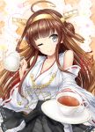  1girl ahoge antennae bare_shoulders breasts brown_hair cleavage cup detached_sleeves grey_eyes hair_ornament japanese_clothes kantai_collection kedama kongou_(kantai_collection) large_breasts long_hair miko sash shirt skirt smile solo teacup tears very_long_hair wide_sleeves wink y2 