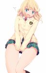  /\/\/\ 1girl aqua_eyes black_legwear blonde_hair blush cardigan covering covering_crotch esia_mariveninne fang kneehighs komone_ushio necktie open_mouth original plaid plaid_skirt school_uniform simple_background skirt solo wavy_mouth white_background 