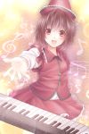  1girl brown_hair hat highres instrument keyboard_(instrument) kotonoman lyrica_prismriver musical_note open_mouth outstretched_hand red_eyes short_hair solo touhou 