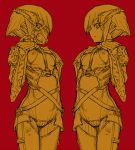  1girl armor bodysuit cyborg ear_piercing gas_mask hair_ornament hands_on_own_chest kikai_(akita_morgue) looking_down mask piercing strap 