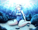  1girl blue_hair highres i-19_(kantai_collection) kantai_collection ktkn long_hair personification red_eyes rock school_swimsuit sitting solo swimsuit twintails underwater wariza 