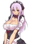  1girl apron blush breasts cleavage horns houtengeki large_breasts long_hair looking_at_viewer maid maid_headdress original pointy_ears purple_hair short_sleeves simple_background smile solo violet_eyes waist_apron white_background 