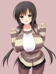  1girl black_hair blush breasts casual green_eyes huge_breasts hyuuga_takashi iwato_kasumi long_hair open_mouth saki smile solo striped 