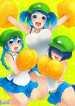  3girls :d alternate_costume armpits arms_up blue_eyes blue_hair blush bouncing_breasts braid breasts cheerleader dark_haired_kappa extra glasses glasses_kappa hair_bobbles hair_ornament hair_over_eyes hat highres kappa_mob kawashiro_nitori large_breasts long_hair multiple_girls open_mouth panties pom_poms revision sakushin short_hair short_twintails skirt smile touhou twin_braids twintails underwear white_panties 