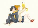  1boy 1girl :d ash_ketchum_(pokemon) back-to-back black_hair blush brown_eyes closed_eyes hoodie jacket kasumi_(pokemon) laughing miniskirt misty_(pokemon) open_mouth orange_hair pikachu pleated_skirt pokemon pokemon_(anime) pokemon_(creature) satoshi_(pokemon) school_uniform short_hair side_ponytail simple_background sitting skirt smile vest yoichi_(119-41) 