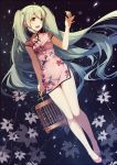  1girl bird birdcage cage caidychen china_dress chinese_clothes flower green_eyes green_hair hatsune_miku long_hair open_mouth pantyhose smile solo twintails very_long_hair vocaloid white_legwear 