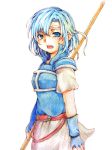  1girl 46suk armor belt blue_eyes blue_hair breastplate fire_emblem fire_emblem:_fuuin_no_tsurugi gloves open_mouth polearm short_hair skirt solo spaulders spear tate watercolor_pencil_(medium) weapon 