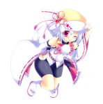 1girl animal_ears bare_shoulders bike_shorts bow detached_sleeves hat hikanyan inubashiri_momiji long_sleeves pink_eyes shirt silver_hair simple_background smile solo tail tongue tongue_out touhou white_legwear wide_sleeves wink wolf_ears wolf_tail 