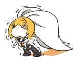  1girl black_legwear blonde_hair bow chibi dragging faceless faceless_female hair_bow hair_ornament hairclip heavy huge_bow kagamine_rin leaning_forward leg_warmers open_mouth oversized_clothes oversized_object poaro solo trembling vocaloid white_bow 