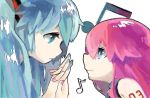  2girls blue_eyes blue_hair cakeoflime eye_contact hatsune_miku holding_hands interlocked_fingers long_hair looking_at_another megurine_luka multiple_girls musical_note nail_polish pink_hair tattoo twintails vocaloid 