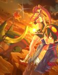  1girl 2boys bikini_top boots cape clouds dutch_angle goggles goggles_on_head gurren-lagann hair_ornament hands_in_pockets hands_on_hips highres kamina kamina_pose kan mecha multiple_boys pointing pointing_up ponytail short_shorts shorts simon skull_hair_ornament sunset tengen_toppa_gurren_lagann thighhighs yoko_littner 