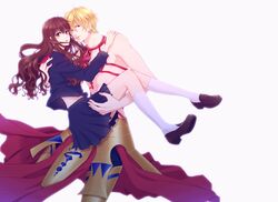 1boy 1girl blonde_hair blue_skirt brown_eyes brown_hair carrying fate/extra fate/extra_ccc fate_(series) gilgamesh kishinami_hakuno_(female) kneehighs long_hair pleated_skirt rabio321 red_eyes school_uniform serafuku skirt waist_cape white_legwear