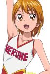  1girl alternate_costume brown_eyes brown_hair cheerleader eyelashes futari_wa_precure happy looking_at_viewer manji_(tenketsu) misumi_nagisa open_mouth pom_poms precure shirt short_hair simple_background sketch smile solo white_background 