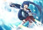  1girl armpits ayagi_daifuku blue_eyes blue_hair firing hair_ribbon isuzu_(kantai_collection) kantai_collection machinery midriff open_mouth personification ribbon solo sweatdrop thighhighs torn_clothes turret twintails 