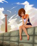  1girl bare_shoulders barefoot bird blush brown_eyes brown_hair clouds cross i-401_(kantai_collection) kantai_collection looking_at_viewer one-piece_swimsuit open_mouth personification ponytail sailor_collar school_swimsuit school_uniform short_hair short_ponytail sitting sky smile solo swimsuit 