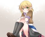  1girl blonde_hair commentary_request grey_eyes hammer_(sunset_beach) looking_at_viewer mizuhashi_parsee pointy_ears short_hair sitting sitting_on_person skirt solo touhou 