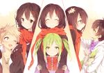  apfl0515 ayano_(kagerou_project) ayano_no_koufuku_riron_(vocaloid) black_hair brown_eyes brown_hair cat closed_eyes green_eyes green_hair hair_ornament hairclip hoodie kagerou_project kano_(kagerou_project) kido_(kagerou_project) long_hair multiple_persona scarf school_uniform seto_(kagerou_project) short_hair smile twintails younger 