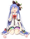  1girl blue_hair blush closed_eyes crying efe food fruit hand_on_own_face hat hinanawi_tenshi long_hair open_mouth peach revision shirt simple_background sitting skirt solo tears touhou wariza white_background 