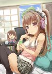  bed book bookshelf breasts brown_eyes brown_hair camisole character_doll character_request cleavage clock headphones highres kotobamaru long_hair ribbon side_ponytail sitting skirt smile stuffed_toy television thighhighs zettai_ryouiki 