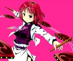  1girl belt breasts cnm cross drum drum_set drumsticks horikawa_raiko instrument inverted_cross looking_at_viewer necktie open_clothes open_jacket outstretched_arms pink_background plaid plaid_shirt red_eyes redhead short_hair simple_background skirt smile solo spread_arms touhou 