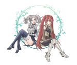  2girls :d armor bare_shoulders blue_eyes boots breastplate cynthia_(fire_emblem) fire_emblem fire_emblem:_kakusei gloves greaves hazuki_(nyorosuke) long_hair multiple_girls open_mouth panties pantyshot pantyshot_(sitting) red_eyes redhead selena_(fire_emblem:_kakusei) short_hair short_twintails silver_hair sitting smile thighhighs twintails underwear 