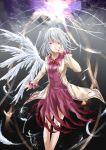  1girl anore_(haurifier) dress feathers highres jacket kishin_sagume red_eyes short_hair silver_hair single_wing smile touhou wings 