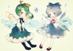  2girls adapted_costume alternate_costume blue_dress blue_eyes blue_hair blush boots bow cirno daiyousei dress fairy_wings frills green_eyes green_hair hair_ornament hair_ribbon ice ice_wings long_sleeves mary_janes multiple_girls open_mouth pantyhose ponytail ribbon shirt shoes short_hair side_ponytail smile touhou white_legwear white_shirt wings yujup 