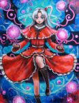  1girl blue_eyes boots capelet dress hair_bobbles hair_ornament long_hair oil_painting_(medium) shinki side_ponytail silver_hair solo tafuto touhou touhou_(pc-98) traditional_media wings 