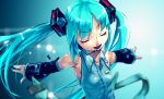  1girl aqua_hair closed_eyes detached_sleeves hatsune_miku headset long_hair maitake_(loose) necktie open_mouth outstretched_arms singing solo spread_arms twintails very_long_hair vocaloid 