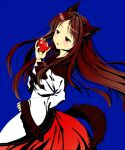  1girl :o animal_ears apple blue_background brooch brown_hair cnm facing_away fingernails food fruit imaizumi_kagerou jewelry layered_dress leaning_back long_fingernails long_hair long_sleeves nail_polish red_eyes shawl simple_background solo tail touhou wolf_ears wolf_tail 