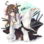  1girl bare_shoulders black_legwear blush brown_hair character_name cup detached_sleeves double_bun hair_ornament hairband headgear japanese_clothes kantai_collection kongou_(kantai_collection) long_hair noa030 nontraditional_miko open_mouth personification sitting skirt smile solo teacup thighhighs 