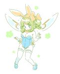  1girl animal_ears bare_shoulders blue_eyes blush bow bowtie breasts bunny_girl bunny_tail bunnysuit cleavage daiyousei detached_collar fairy_wings green_hair hair_bow hair_ornament hairclip large_breasts mary_janes mitsumoto_jouji pointy_ears rabbit_ears shoes short_hair side_ponytail sketch solo tail thighhighs touhou white_legwear wings wrist_cuffs 