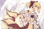  1girl ahoge armor armored_dress bare_shoulders blonde_hair bow caliburn detached_sleeves drawing_sword dress fate/unlimited_codes fate_(series) gauntlets green_eyes hair_bow halodark long_hair ponytail saber saber_lily solo sword weapon 