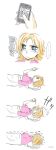  ... 1girl alternate_costume arm_up blanket blonde_hair blue_eyes blush cellphone comic dropping futon hands_on_own_face highres kagamine_rin lying no_hairclip on_back pain phone pillow pink_shirt poaro reading short_hair silent_comic sleeves_pushed_up smartphone solo translation_request trembling under_covers vocaloid 