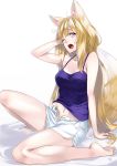  1girl animal_ears bare_shoulders barefoot blonde_hair blush breasts cleavage fang fox_ears fox_tail kyon_(fuuran) navel open_mouth original shorts solo tail violet_eyes yawning 