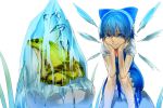  (9) 1girl aritoki_ritsu blue_dress blue_eyes blue_hair bow cirno dress frog frozen hair_ribbon hand_on_own_face ice ice_wings looking_at_another puffy_sleeves ribbon shirt short_hair short_sleeves simple_background sitting sitting_on_rock smile solo text touhou white_background white_shirt wings 