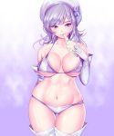  1girl aila_jyrkiainen bare_shoulders bikini breasts curvy elbow_gloves food gloves gundam gundam_build_fighters harihisa hat large_breasts long_hair looking_at_viewer mouth_hold navel nikuman purple_background purple_bikini revision silver_hair skindentation solo swimsuit thigh_gap thighhighs thighs violet_eyes white_gloves white_legwear wide_hips 