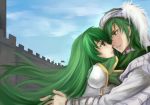  1boy 1girl armor couple fire_emblem fire_emblem:_seisen_no_keifu fury_(fire_emblem) green_eyes green_hair highres hug levin_(fire_emblem) long_hair scarf serge_komiko smile 