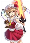  1girl ascot blonde_hair dress flandre_scarlet long_hair open_mouth red_eyes side_ponytail simple_background smile solo stuffed_animal stuffed_toy sword takemori_shintarou teddy_bear touhou weapon white_background wings 